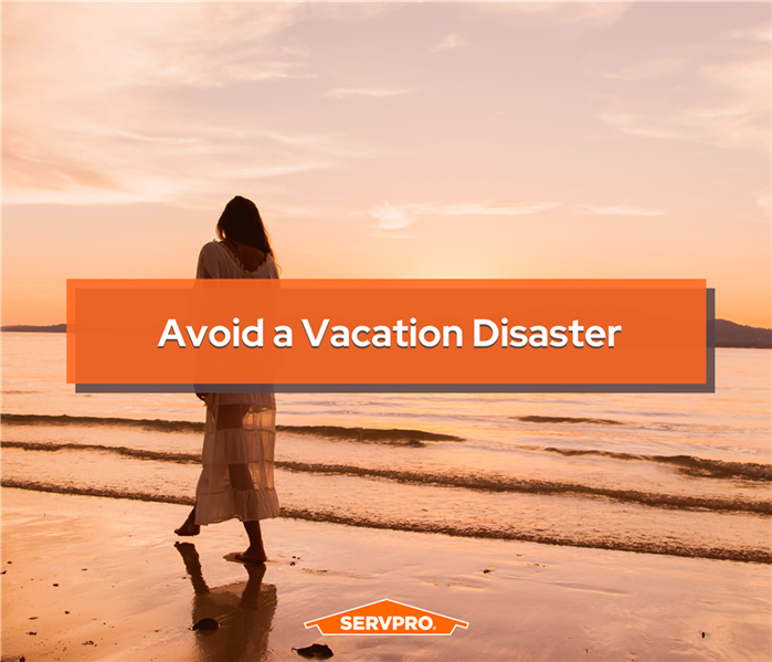 woman walking along beach at sunset with text box "Avoid a Vacation Disaster"